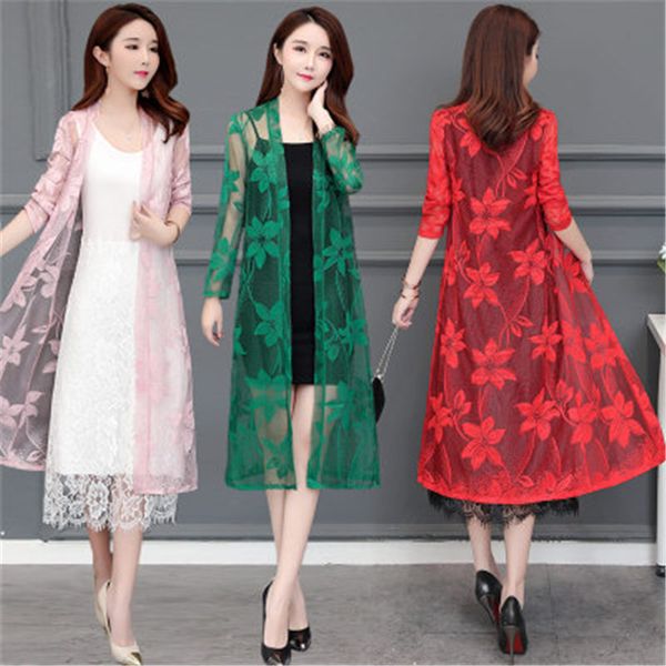 

new spring women long cardigan casual loose thin floral lace cardigans jacket female long sleeve hollow out coat plus size z1542, White