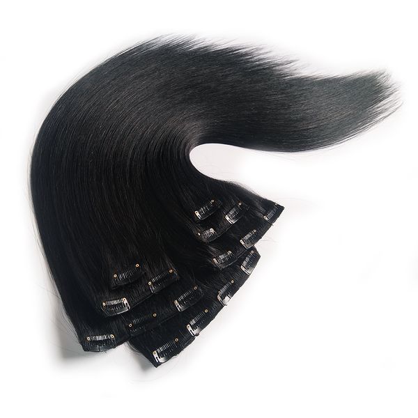 

invisible brazilian remy human hair clip in extensions straight 70g 100g 120g indian clip on human hair full head machine made 14"-28&q, Black