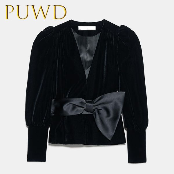 

puwd 2019 autumn new women's vintage bow with velvet coat elegant temperament, Black;brown