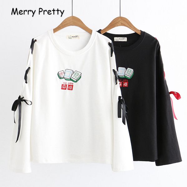 

merry pretty women cartoon embroidery lace up hoodies 2019 spring long sleeve o-neck cotton pullovers chinese style sweatshirts, Black