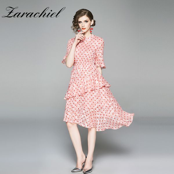 

2019 summer elegant red polka-dot dress women vintage half sleeve high elastic waist tiered ruffles irregular midi dress vestido, Black;gray