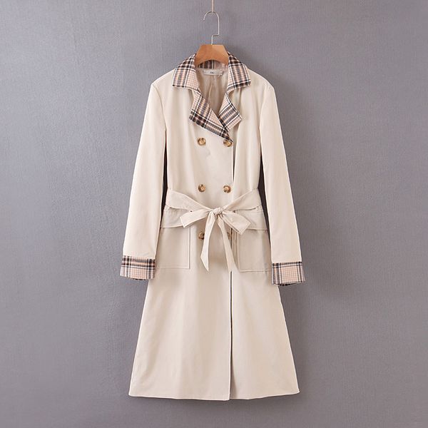 

women's delicate lapel women's double-breasted plaid stitching fashion windbreaker button design coat large pocket decoration, Tan;black