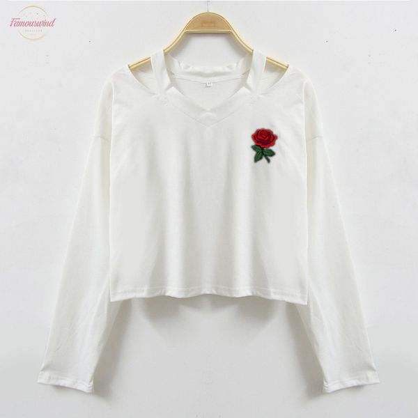 

2020 female short v neck t shirts summer long sleeve t shirt women harajuku rose printed t shirt casual tee women, White