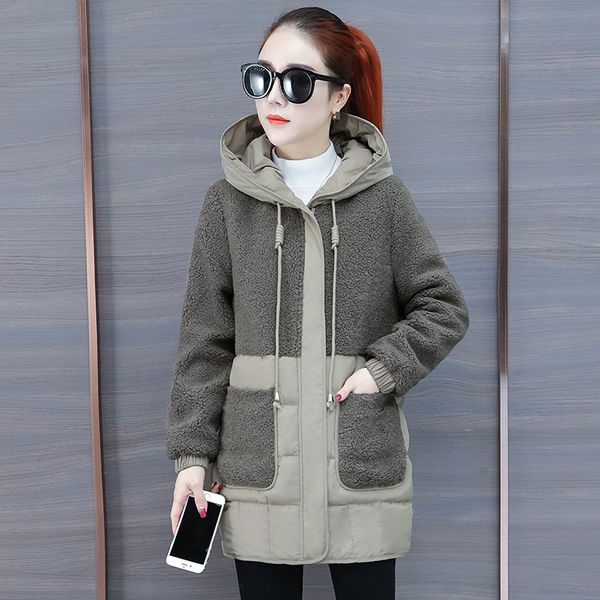 

women solid lace hoodies down coat 2019 new korean winter fashion splice lambswool pockets zipper thickening slim long outerwear, Black
