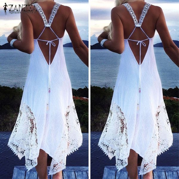 

Boho Summer Dress 2019 ZANZEA Women's Party Vestido Female Spaghetti Strap Midi Dress Sexy Backless Lace Asymmetrical Robe White
