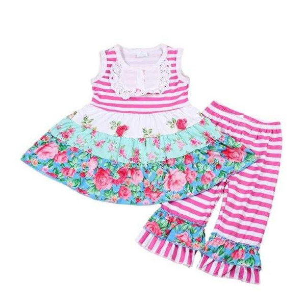 

baby girls pink color sleeveless tunic floral spring capris children outfits, White