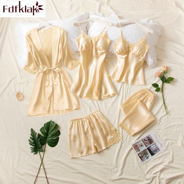 

5 pcs pajamas for women silk satin sleepwear pajama set spaghetti strap ladies pijama home wear bath robe pyjamas women, Black;red