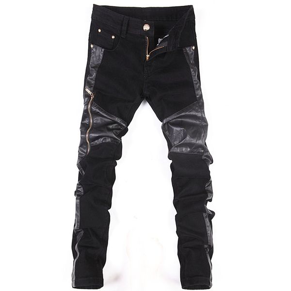 

men's jeans 2021 streetwear jean men pants brand motorbike skinny pu leather patchwork black stretch, Blue