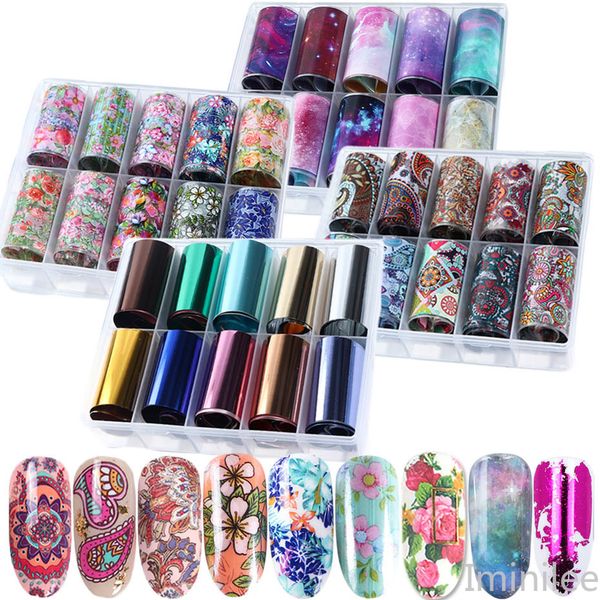 

10pcs/box starry sky nail foil sticker holographic flower laser transfer foil decal metal design slider nail art decoration, Black