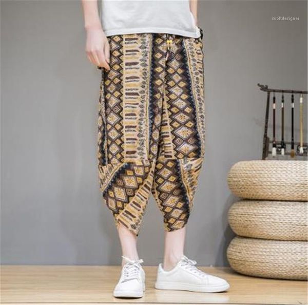 

summer flax shorts trend turnip pants loose plus printing beach shorts chinese style capris male harem, Blue
