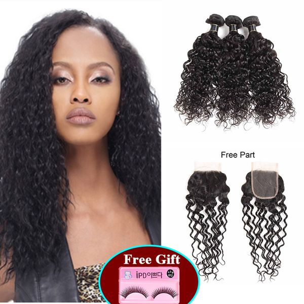 

шнурок закрытие с человеческими волосами утки бразильской волной воды virgin человеческого плетением волос с фронтальной волной воды 8 remy, Black;brown