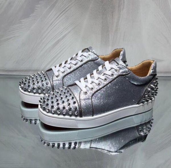 

low-cut leisure shoes lace-up new fashion men orlato sliver glitter leather red bottom sneakers fashion women famous skateboard walking, Black