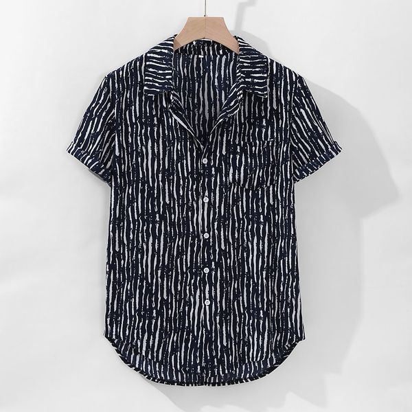 

mens striped printed retro loose short sleeve causal breathable turn down collar beach shirt plus size mens clothing, White;black