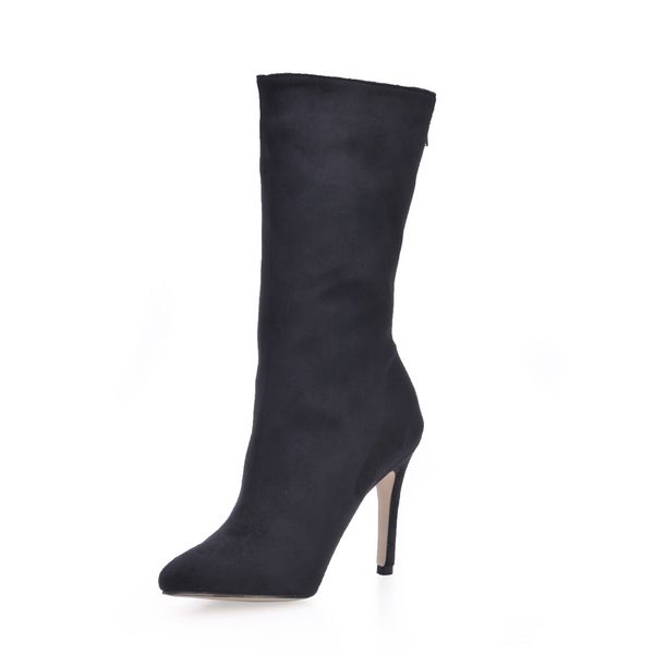 

party stiletto high heel pointed toe women mid-calf boot bottes mi-mollet femmes media pierna botas talon haut yj70887bt-e1, Black