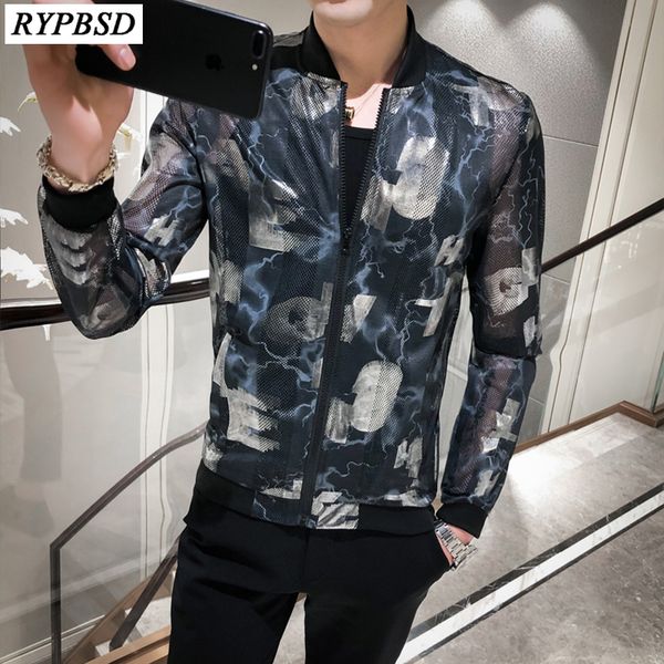 

men bomber jacket summer slim fit breathable fashion print bomber jacket man casual long sleeve zipper men thin coat 5xl, Black;brown