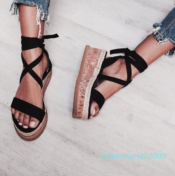 

2019 summer women's wedges sandals roman style cross bandage open toe large size ladys increased sandals size:eu35-43l r09, Black