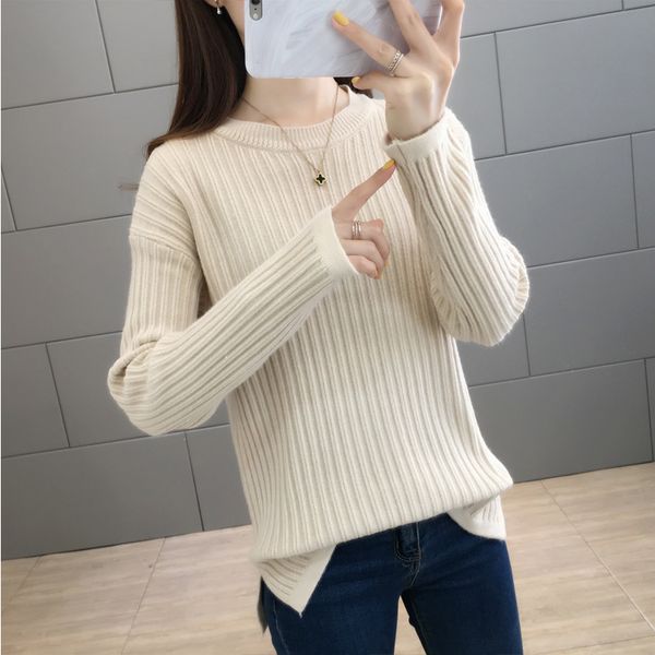 

taotrees autumn solid color loose round neck knit long sleeve pullover sweater, White;black