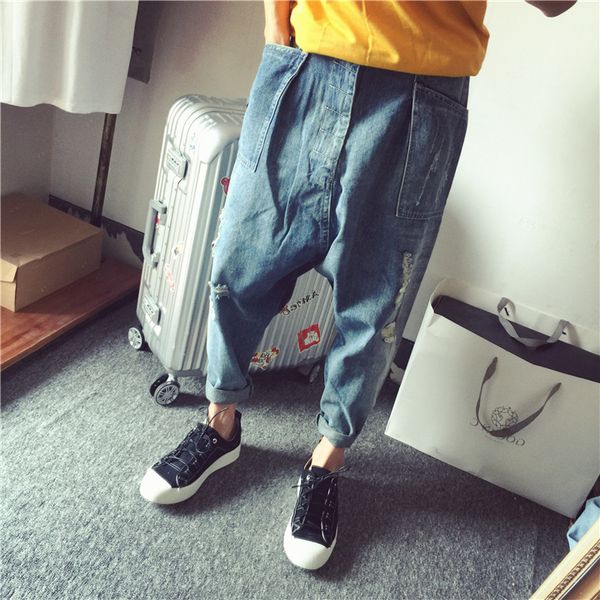 

men drop crotch denim pants male streetwear dance baggy cross trousers men loose skateboard jeans ripped sagging joggers fsh20, Blue