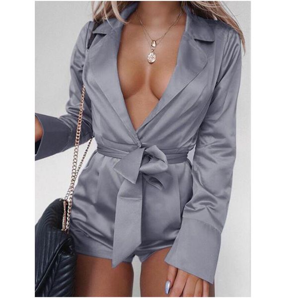 

autumn women playsuit shorts pant spring polyester club lapel solid lace up party long sleeve casual, Black;white