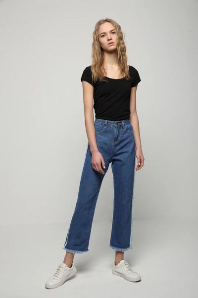 

western style new style white casual loose-fit high-waisted flash washing cowboy straight-leg pants trousers women's dress f18-8, Blue