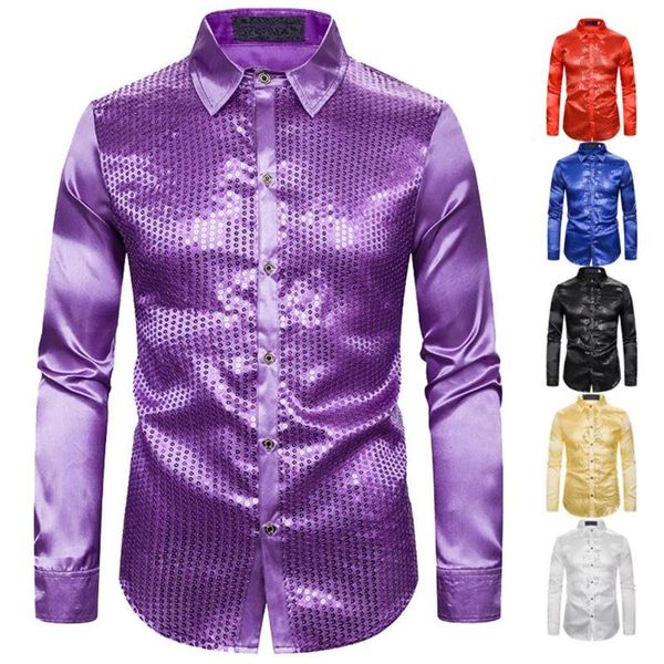 

men's dress shirts men long sleeve solid color turn down collar shiny sequins shirt performance top, White;black