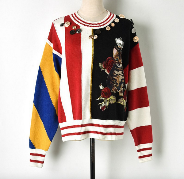 

2020 winter pullover women knitting sweater cat printing long sleeves o-neck female short casual fashion pullover ladies sweater, White;black