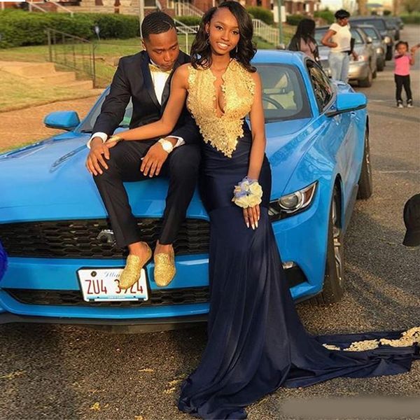

south afrian evening dresses navy blue mermaid prom dresses gold appliques deep v neck sweep train 2k19 prom evening gowns, Black;red