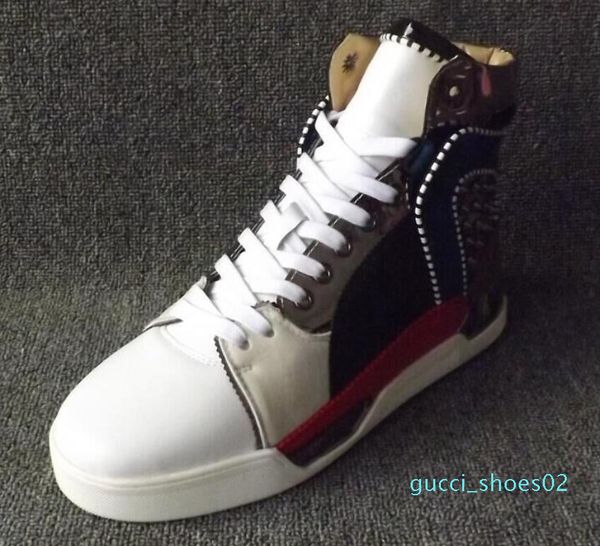 

2018 brand new men patchwork style sneakers rivets stud sneakers lace up high casual shoes male party shoes red bottom sneakers g02, Black