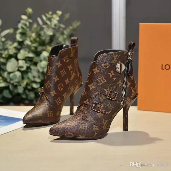 

matchmake ankle boots fashion designer high heeled boots genuine leather monogram canvas cross straps pointed toes ladies fashion boots, Black