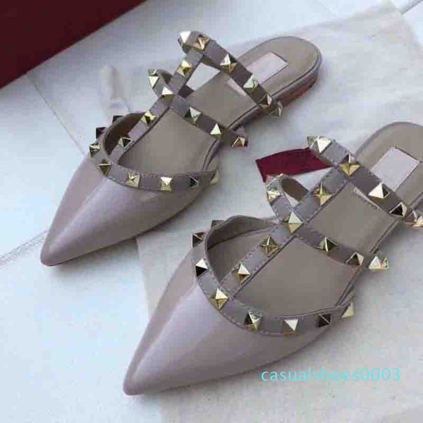 

high-heeled shoes luxury sandals loafer summer genuine leather shoes flat rivet shoes brands slippers 2018 designerlllc03, Black