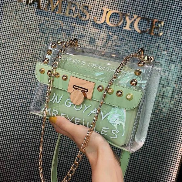 

transparent jelly bag 2019 summer new quality women's designer handbag rivet lock chain shoulder messenger bag purses bolsas
