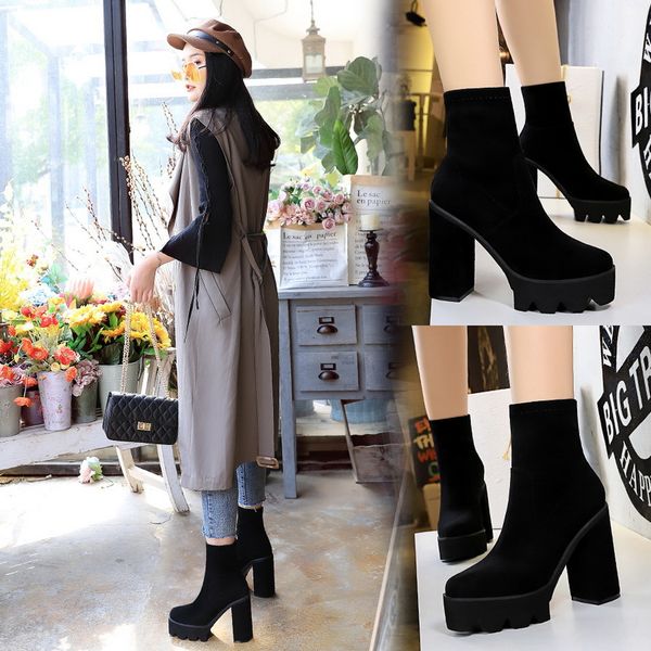 

korean fashion women's boots thick heel super high heel thick bottom waterproof platform suede trim slim boots, Black