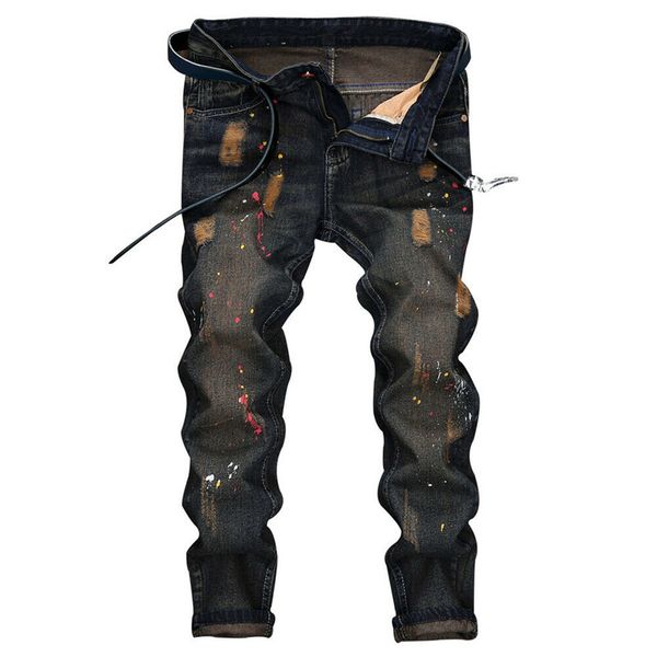 

new classical style armored man's hole washed scrub old spotted tight denim, Blue