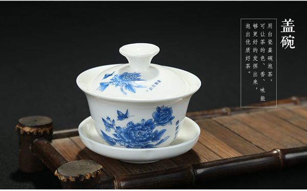 

chinese tea set gaiwan blue and white porcelain kung fu tea set tureen ceramic tea bowl cup and saucer with gift box