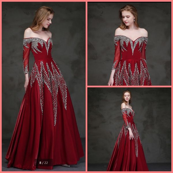 

2020 robe de soiree wine tulle a line off the shoulder prom dress 3/4 sleeve beading sequins corset long prom gowns selling, Black