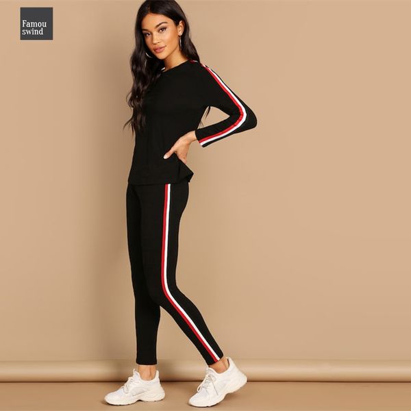 

streetwear черный полосатый tape женщины брюки с длинным рукавом вокруг шеи набор tee fur две пьесы комплекты 2019 осень plain twopiece, White