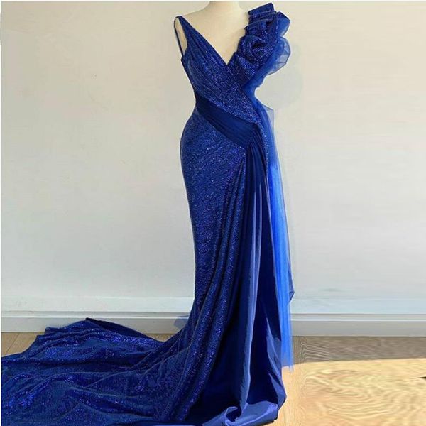 Faísca Royal Blue Vestidos Ruffles lantejoulas Varrer mangas Prom Vestidos Vestidos de gala 2020 Custom Made vestes de soirée