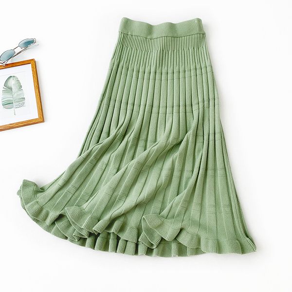 

autumn winter solid jacquard knit skirts 2019 new korean high waist a-line stripe long skirt women ruffles mermaid skirt, Black