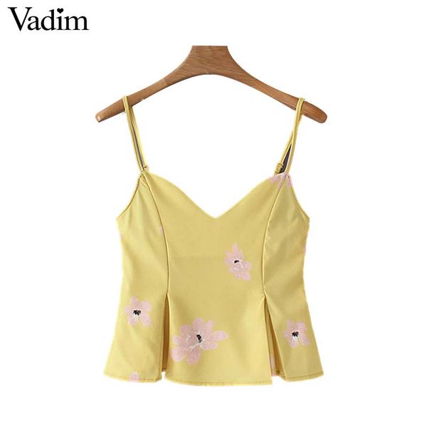 

vadim women sweet floral print v neck backless crop sleeveless back elastic design female stylish holiday wear blouses wa286, White