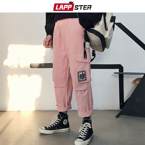 

lappster men streetwear harem cargo pants 2019 mens overalls hip hop korean sweatpants male wide leg baggy harajuku joggers, Black