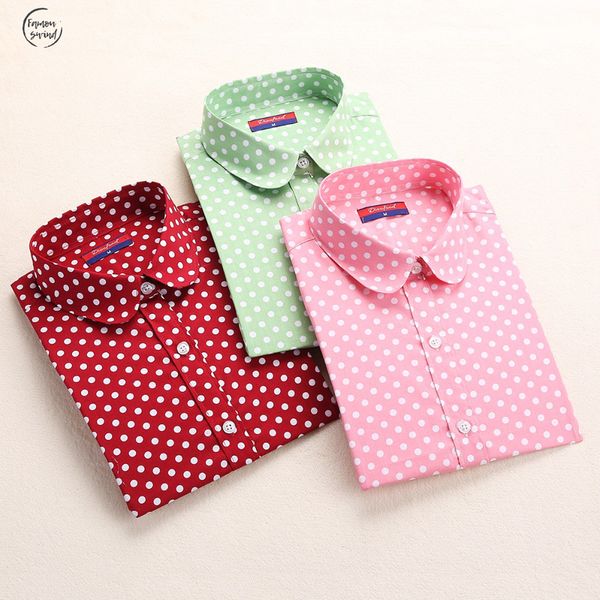 

блузка хлопок женщины рубашка с длинным рукавом красный горошек 5xl blusas femininas плюс размер turn down воротник женщины моды, White