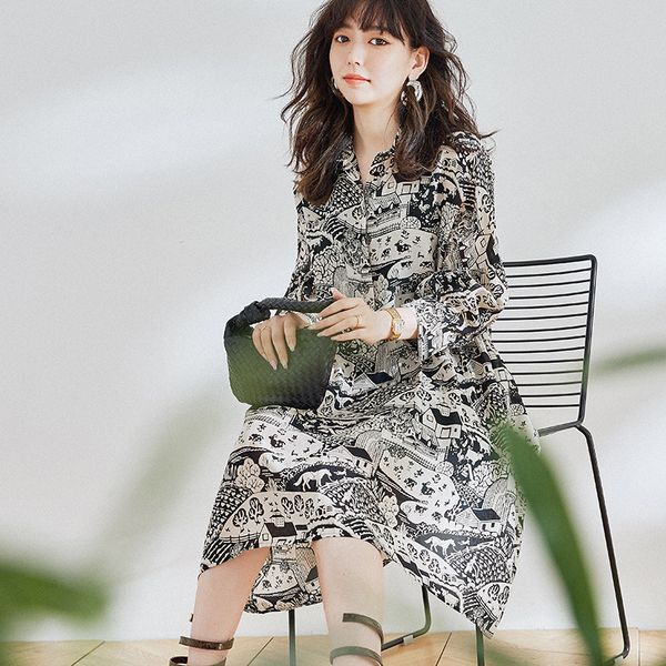 

rongtai] hand painted style new silk dress in summer 2020 with 7-sleeve silk temperament elegant dress, Black;gray