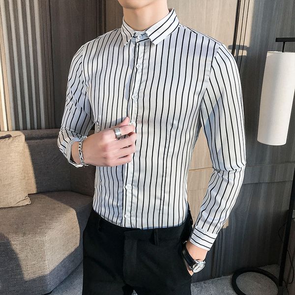 

legible men fashion casual long sleeved shirt slim fit male social business dress shirt brand men striped shirts 4xl 5xl, White;black