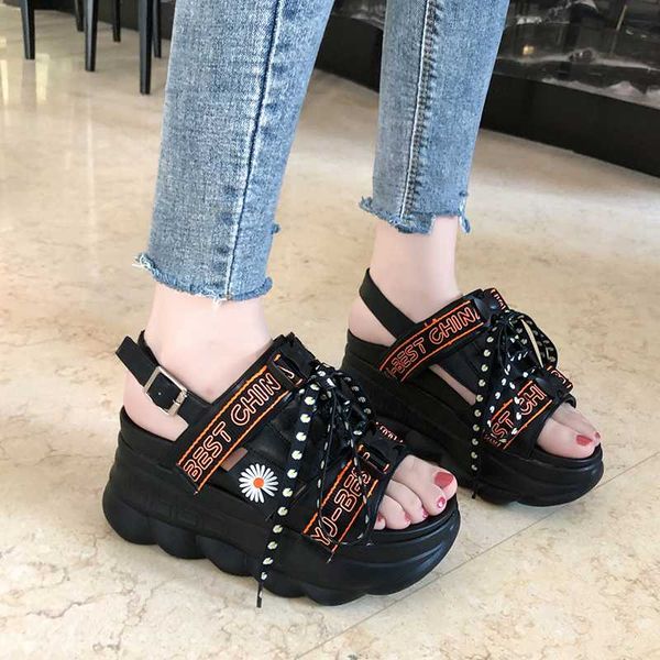 

dress shoes women platform sandals chunky fashion leather wedge for woman flower designers buckle strap sandal summer 8cm high, Black