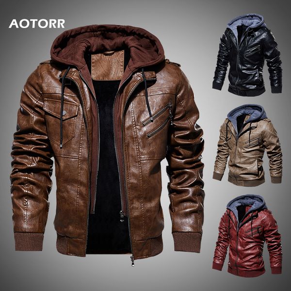 

men leather jacket winter autumn casual mens motorcycle jackets pu coat warm outerwear zipper hooded coats 2019 new men clothing, Black;brown