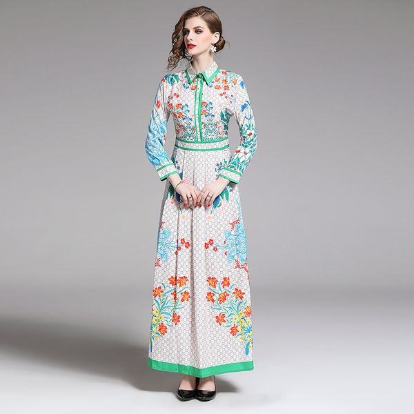 

2020 luxury runway printed dress plus size women fashion long sleeve lapel neck casual ladies dresses slim classic office button shirt dress, Black;gray