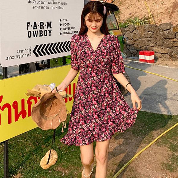 

women floral print mini dress 2020 summer casual asymmetrical short sleeve v neck dresses for girls, Black;gray