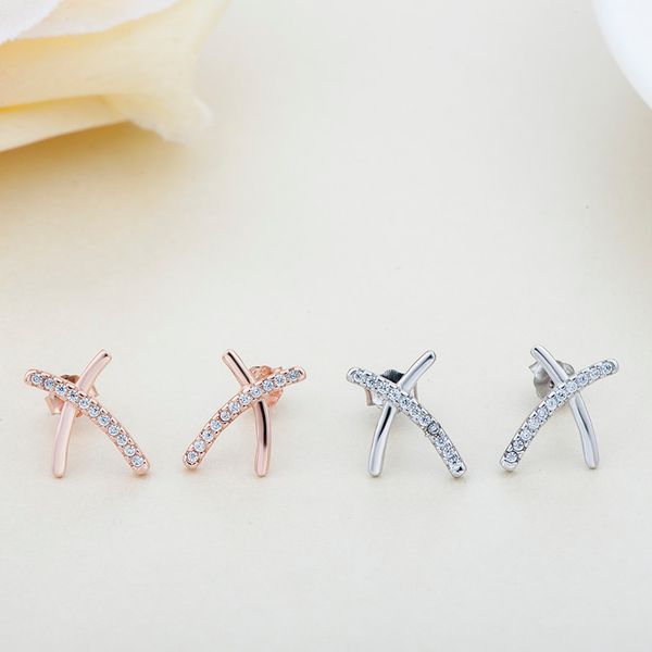 

sterling silver jewelry stud cross style two colors gold plated female earrings stud girlfriend gift with box wedding earrings, Golden;silver
