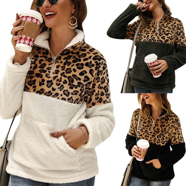 

long sleeve fleece leopard patchwork sweatshirt fashion women hoodies streetwear warm zip ladies pullover turtleneck female top, Black