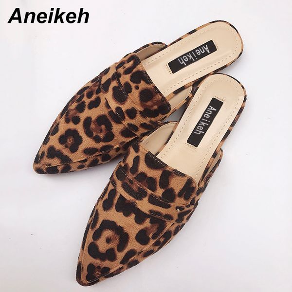 

aneikeh summer flats mules lady sandals slippers leopard print slip on pointed toe women mules outdoor fashion flats shoes muje, Black